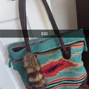 Multicolor Woven Tote Bag with Brown Accents